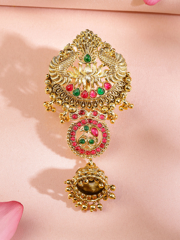 Rubans 18K Gold-Plated Ruby Pink & Emerald Green Stone Studded Temple Braid Hair Accessory with Jhumka Drop
