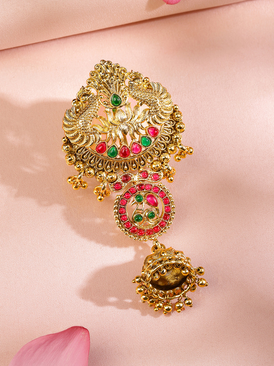 Rubans 18K Gold-Plated Ruby Pink & Emerald Green Stone Studded Temple Braid Hair Accessory with Jhumka Drop