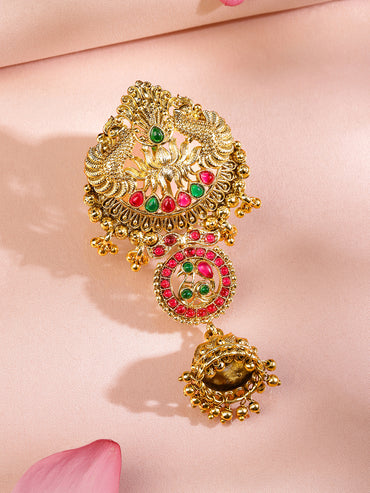 Rubans 18K Gold-Plated Ruby Pink & Emerald Green Stone Studded Temple Braid Hair Accessory with Jhumka Drop