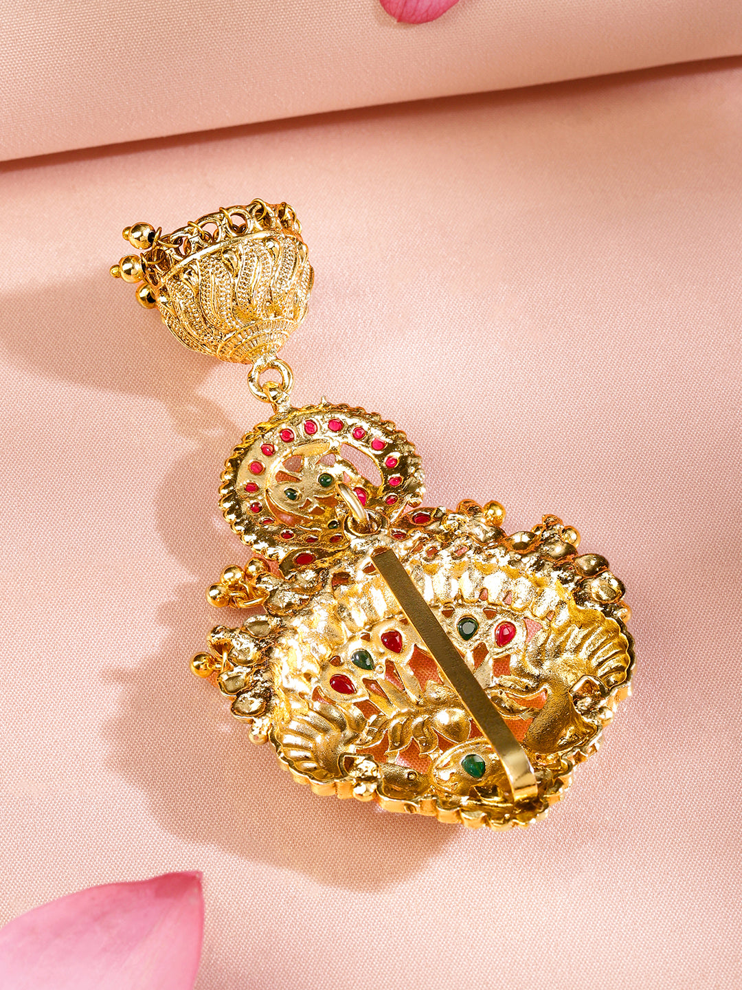 Rubans 18K Gold-Plated Ruby Pink & Emerald Green Stone Studded Temple Braid Hair Accessory with Jhumka Drop