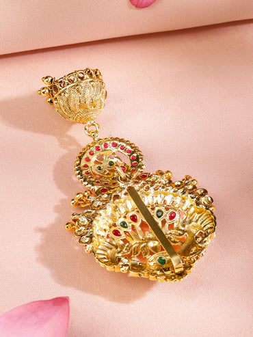 Rubans 18K Gold-Plated Ruby Pink & Emerald Green Stone Studded Temple Braid Hair Accessory with Jhumka Drop