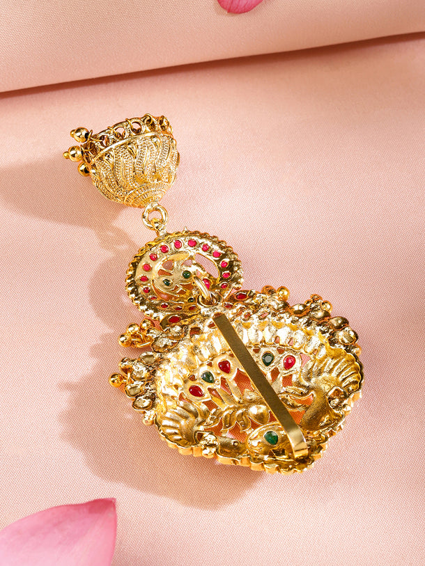 Rubans 18K Gold-Plated Ruby Pink & Emerald Green Stone Studded Temple Braid Hair Accessory with Jhumka Drop