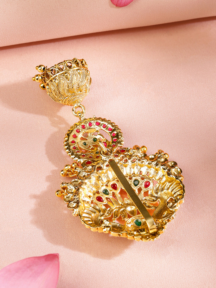 Rubans 18K Gold-Plated Ruby Pink & Emerald Green Stone Studded Temple Braid Hair Accessory with Jhumka Drop