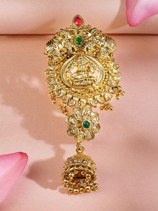 Rubans 22K Gold-Plated Ruby Pink & Emerald Green Stone Studded Temple Braid Hair Accessory with Divine Motif & Jhumka Drop