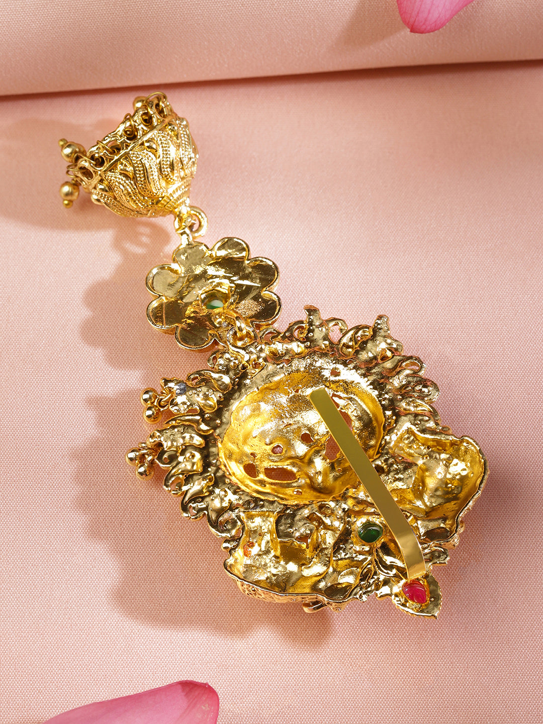 Rubans 22K Gold-Plated Ruby Pink & Emerald Green Stone Studded Temple Braid Hair Accessory with Divine Motif & Jhumka Drop