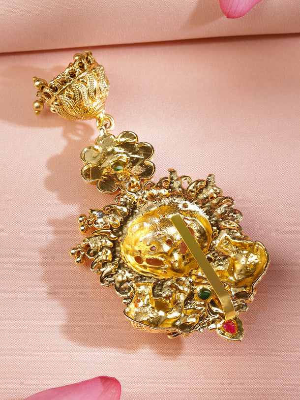 Rubans 22K Gold-Plated Ruby Pink & Emerald Green Stone Studded Temple Braid Hair Accessory with Divine Motif & Jhumka Drop