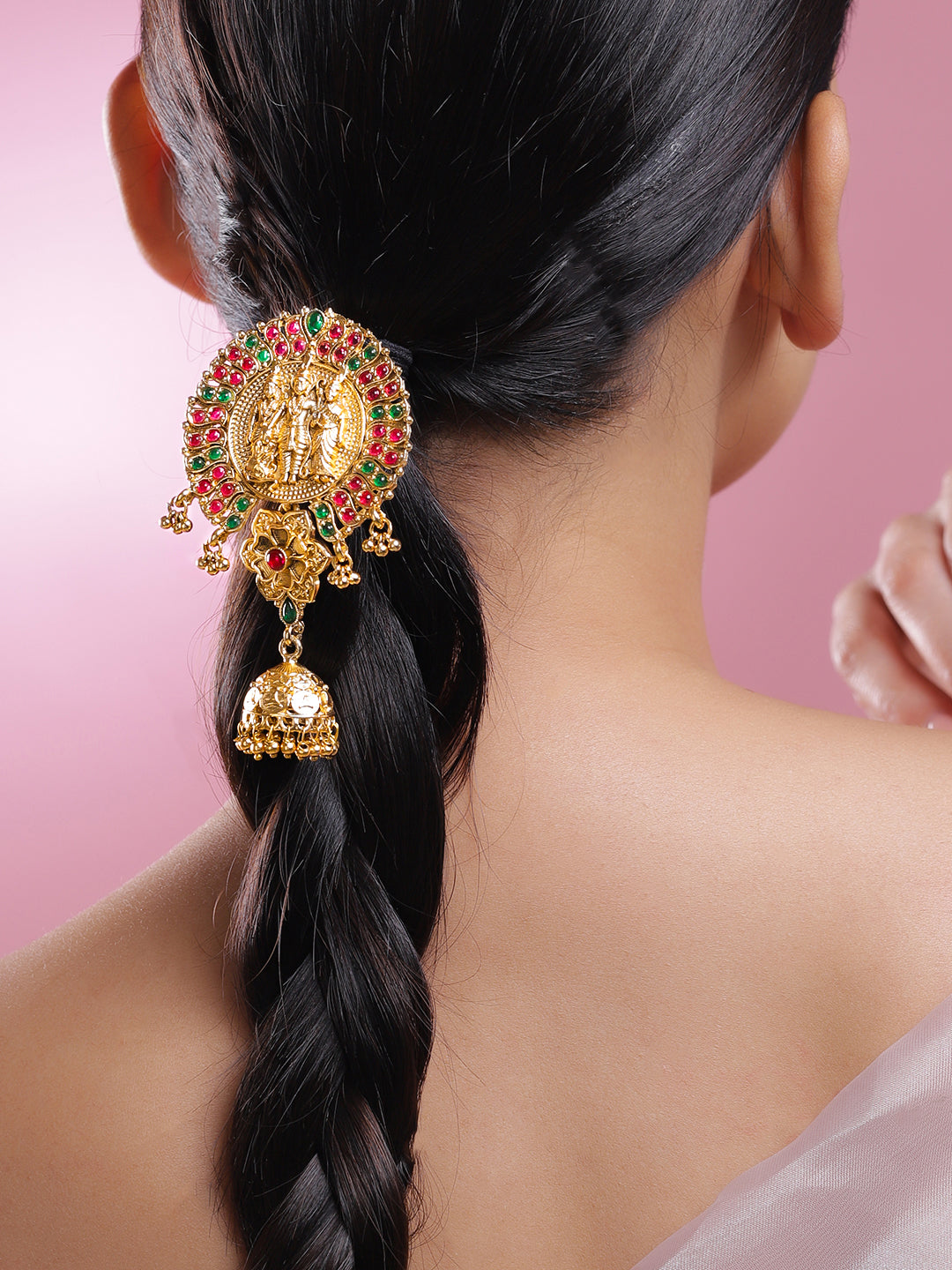 Rubans 22K Gold-Plated Ruby Pink & Emerald Green Stone Studded Ram Darbar Temple Braid Hair Accessory with Jhumka Drop