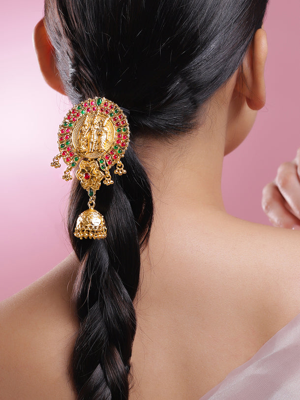 Rubans 22K Gold-Plated Ruby Pink & Emerald Green Stone Studded Ram Darbar Temple Braid Hair Accessory with Jhumka Drop