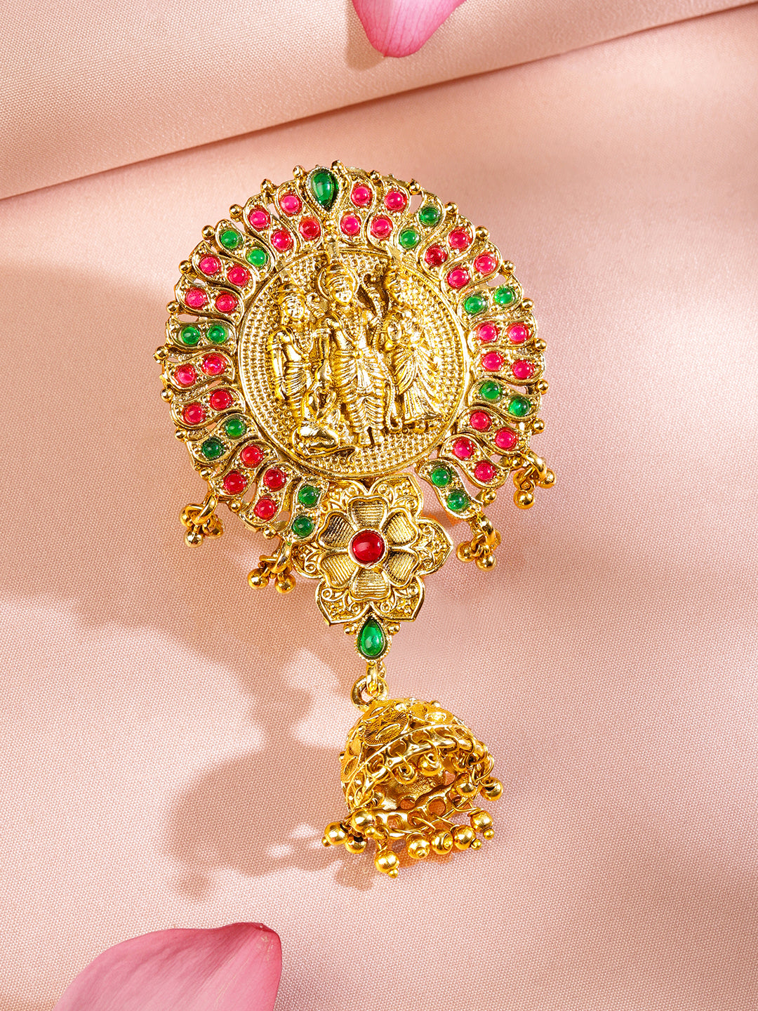 Rubans 22K Gold-Plated Ruby Pink & Emerald Green Stone Studded Ram Darbar Temple Braid Hair Accessory with Jhumka Drop