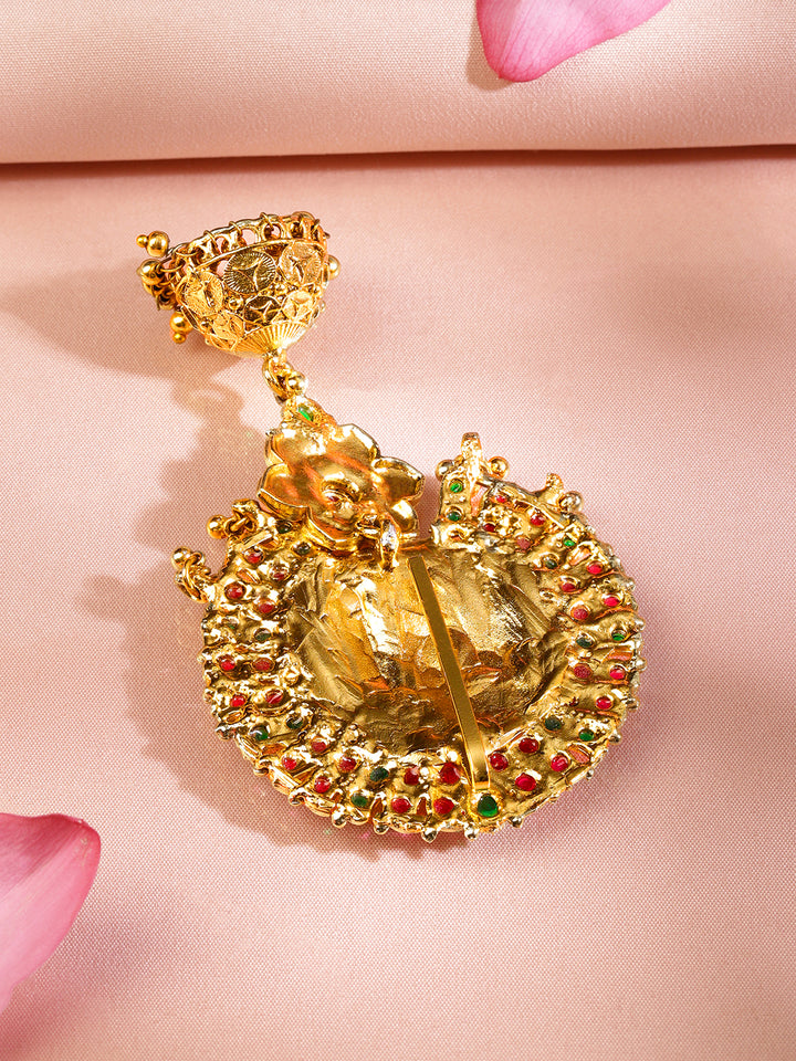 Rubans 22K Gold-Plated Ruby Pink & Emerald Green Stone Studded Ram Darbar Temple Braid Hair Accessory with Jhumka Drop