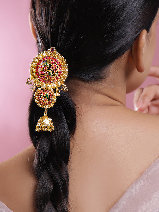 Rubans 22K Gold-Plated Ruby Pink & Emerald Green Stone Studded Braid Hair Accessory with Golden Beads Drop