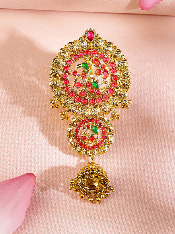 Rubans 22K Gold-Plated Ruby Pink & Emerald Green Stone Studded Braid Hair Accessory with Golden Beads Drop