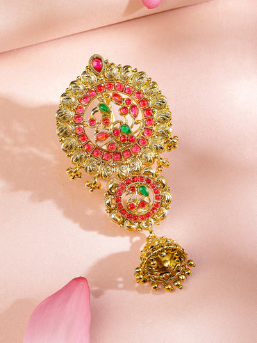 Rubans 22K Gold-Plated Ruby Pink & Emerald Green Stone Studded Braid Hair Accessory with Golden Beads Drop