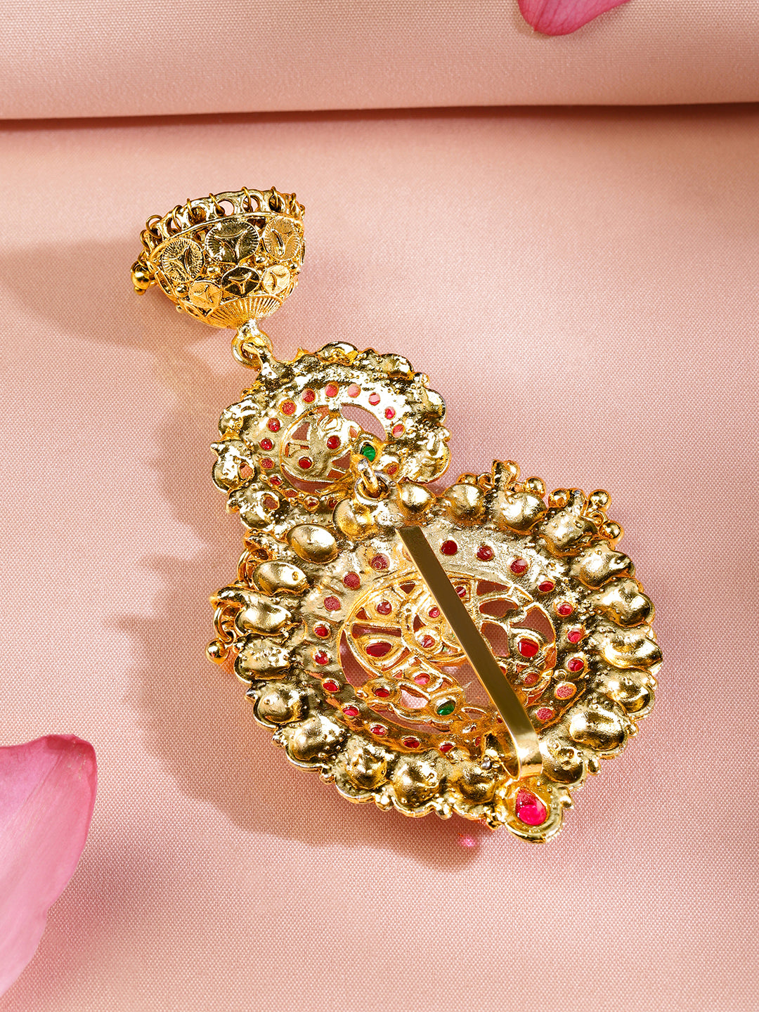 Rubans 22K Gold-Plated Ruby Pink & Emerald Green Stone Studded Braid Hair Accessory with Golden Beads Drop