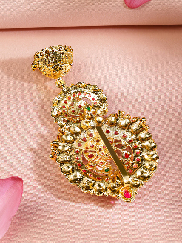 Rubans 22K Gold-Plated Ruby Pink & Emerald Green Stone Studded Braid Hair Accessory with Golden Beads Drop