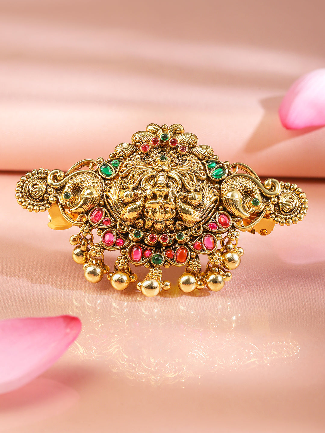 Rubans 22K Gold-Plated Ruby Pink & Emerald Green Stone Studded Goddess Lakshmi Temple Hair Clip with Hanging Beads