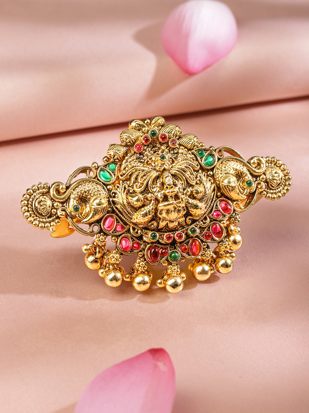 Rubans 22K Gold-Plated Ruby Pink & Emerald Green Stone Studded Goddess Lakshmi Temple Hair Clip with Hanging Beads