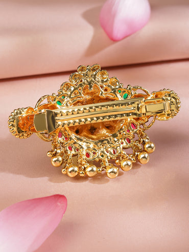 Rubans 22K Gold-Plated Ruby Pink & Emerald Green Stone Studded Goddess Lakshmi Temple Hair Clip with Hanging Beads
