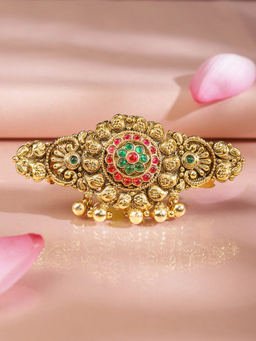 Rubans 22K Gold-Plated Ruby Pink & Emerald Green Stone Studded Floral Temple Hair Clip with Hanging Beads