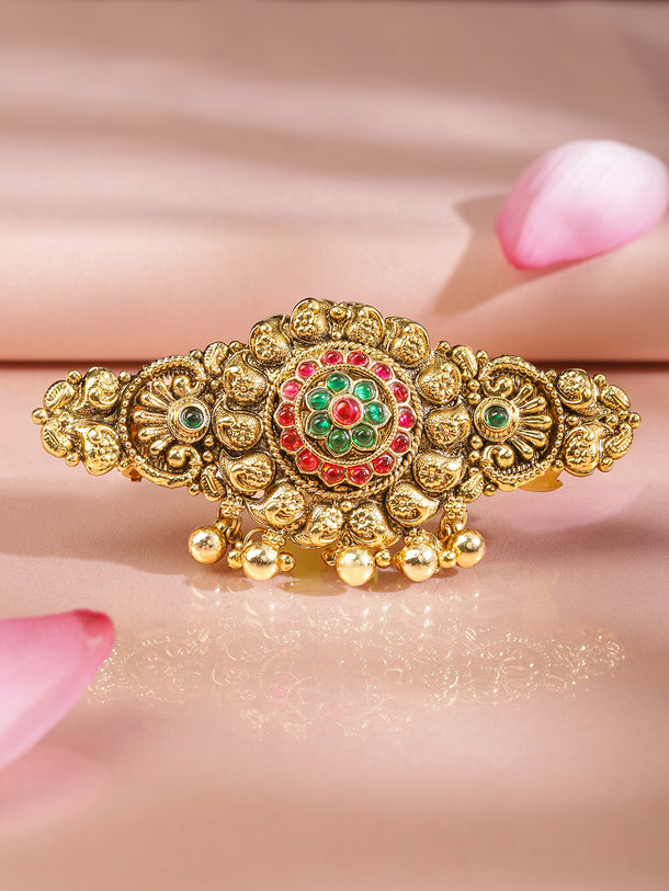 Rubans 22K Gold-Plated Ruby Pink & Emerald Green Stone Studded Floral Temple Hair Clip with Hanging Beads