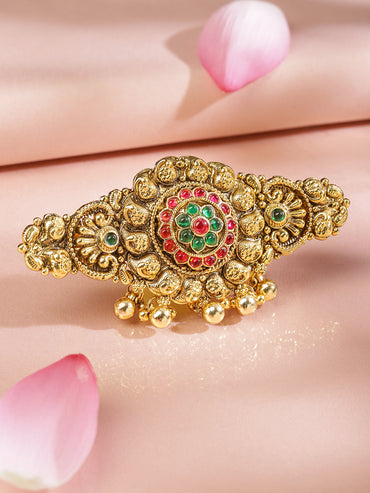 Rubans 22K Gold-Plated Ruby Pink & Emerald Green Stone Studded Floral Temple Hair Clip with Hanging Beads