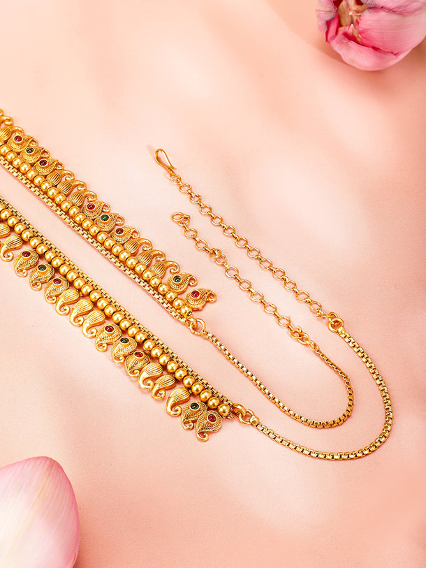 Rubans 22K Gold-Plated Ruby Red & Emerald Green Stone Studded Traditional Kamarbandh