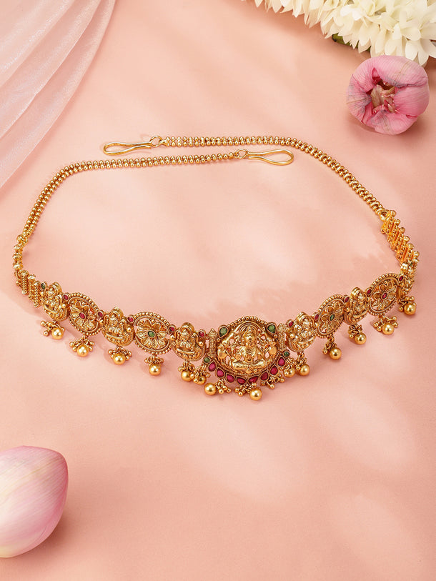 Rubans 22k Gold-Plated Ruby Pink, Emerald Green Stone Studed Handcrafted Temple Kamarbandh