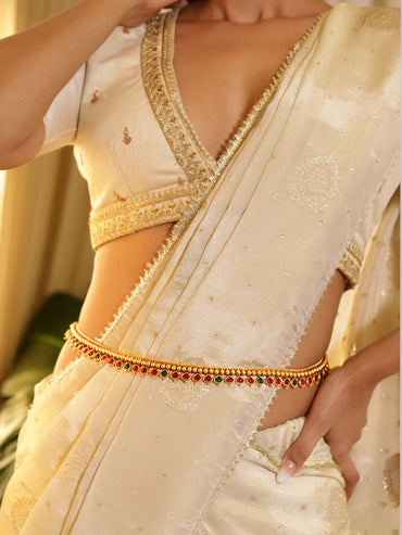 Rubans 22k Gold-Plated Ruby Pink, Emerald Green Stone Studed Handcrafted Temple Kamarbandh