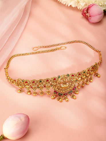 Rubans 22k Gold-Plated Ruby Pink, Emerald Green Stone Studed Handcrafted Temple Kamarbandh