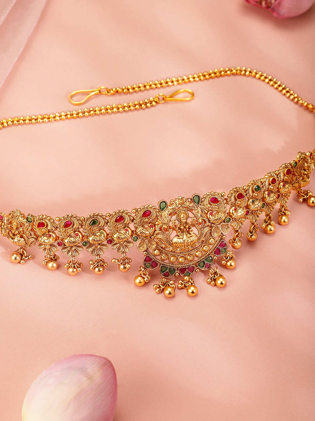 Rubans 22k Gold-Plated Ruby Pink, Emerald Green Stone Studed Handcrafted Temple Kamarbandh
