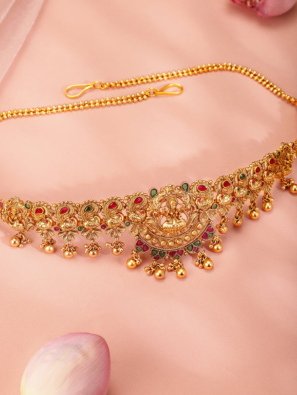 Rubans 22k Gold-Plated Ruby Pink, Emerald Green Stone Studed Handcrafted Temple Kamarbandh