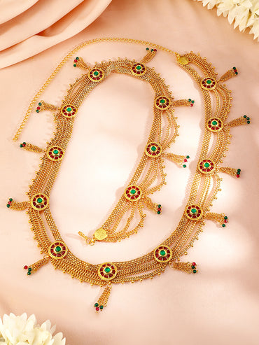 Rubans 18K Gold-Plated Waist Chain with Ruby and Emerald Accents Saree Accessories
