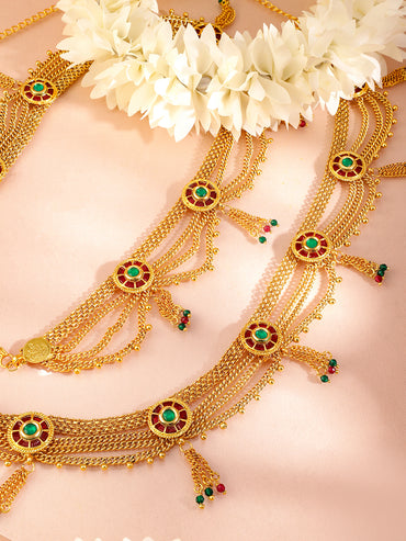 Rubans 18K Gold-Plated Waist Chain with Ruby and Emerald Accents Saree Accessories