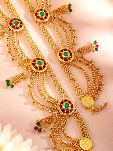 Rubans 18K Gold-Plated Waist Chain with Ruby and Emerald Accents Saree Accessories