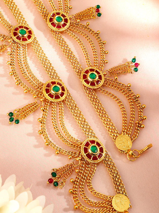 Rubans 18K Gold-Plated Waist Chain with Ruby and Emerald Accents Saree Accessories