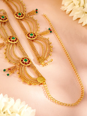 Rubans 18K Gold-Plated Waist Chain with Ruby and Emerald Accents Saree Accessories