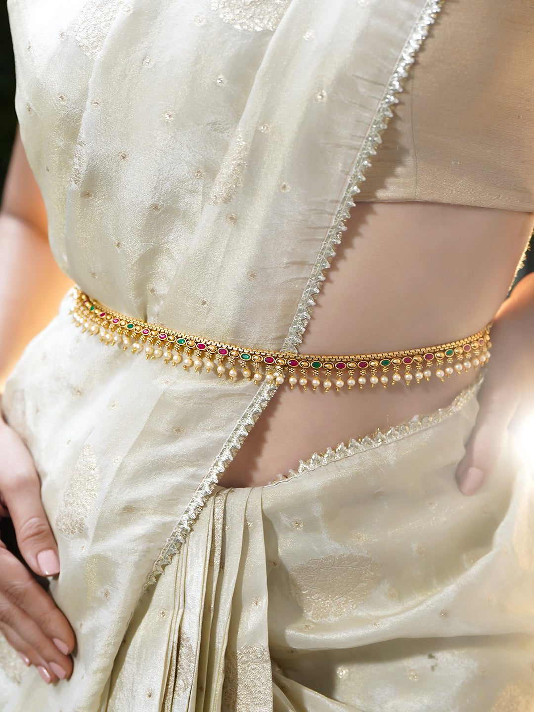 Rubans 22K Gold-Plated Waist Chain Kamarbandh with Ruby Emerald & CZ Stones and Pearls