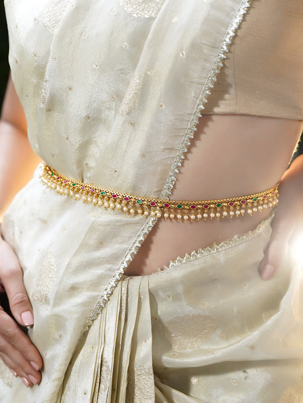 Rubans 22K Gold-Plated Waist Chain Kamarbandh with Ruby Emerald & CZ Stones and Pearls