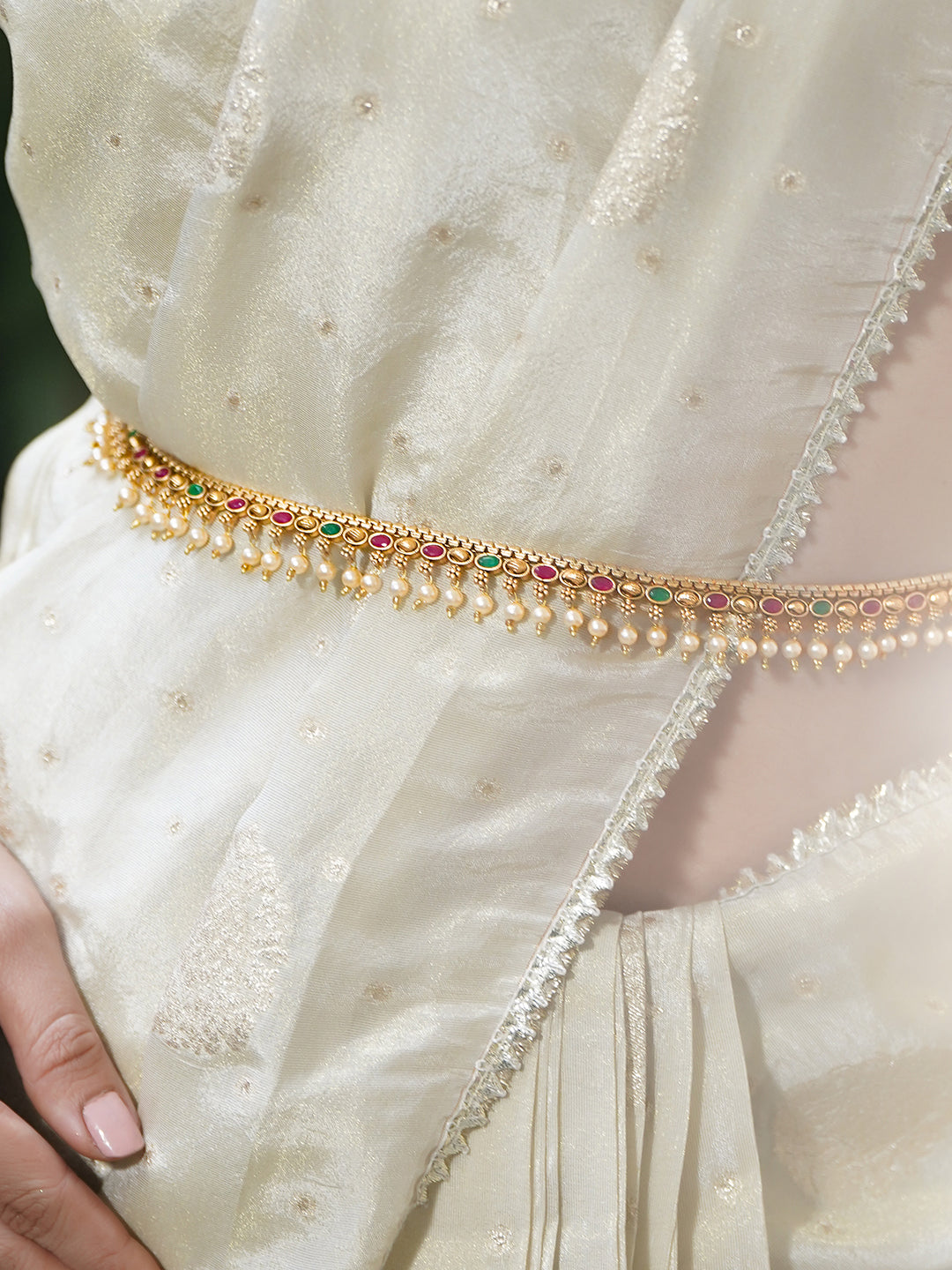 Rubans 22K Gold-Plated Waist Chain Kamarbandh with Ruby Emerald & CZ Stones and Pearls