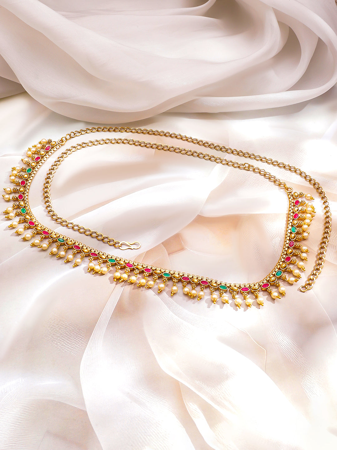 Rubans 22K Gold-Plated Waist Chain Kamarbandh with Ruby Emerald & CZ Stones and Pearls