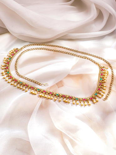 Rubans 22K Gold-Plated Waist Chain Kamarbandh with Ruby Emerald & CZ Stones and Pearls