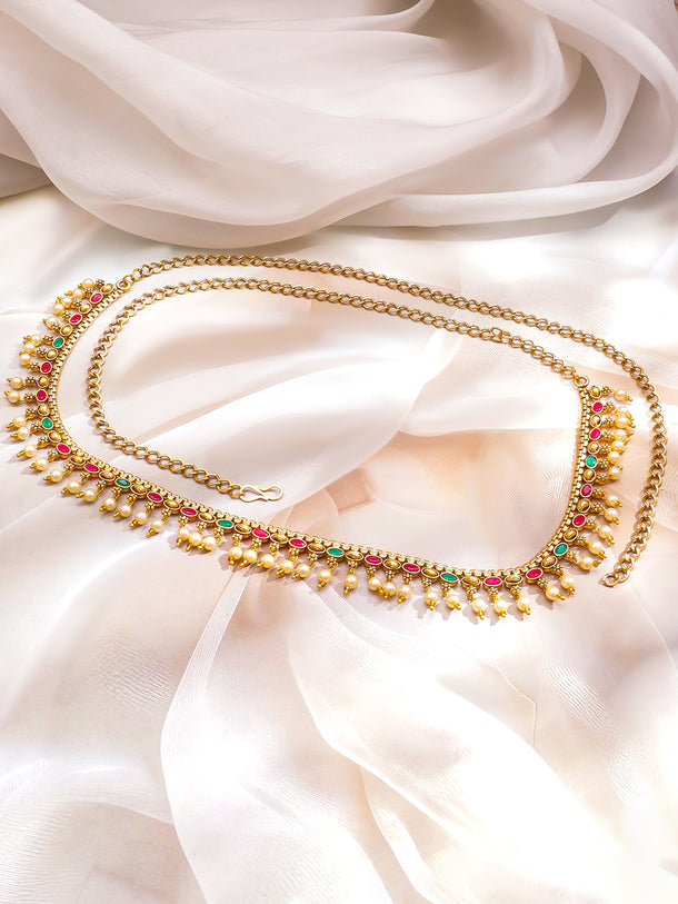 Rubans 22K Gold-Plated Waist Chain Kamarbandh with Ruby Emerald & CZ Stones and Pearls