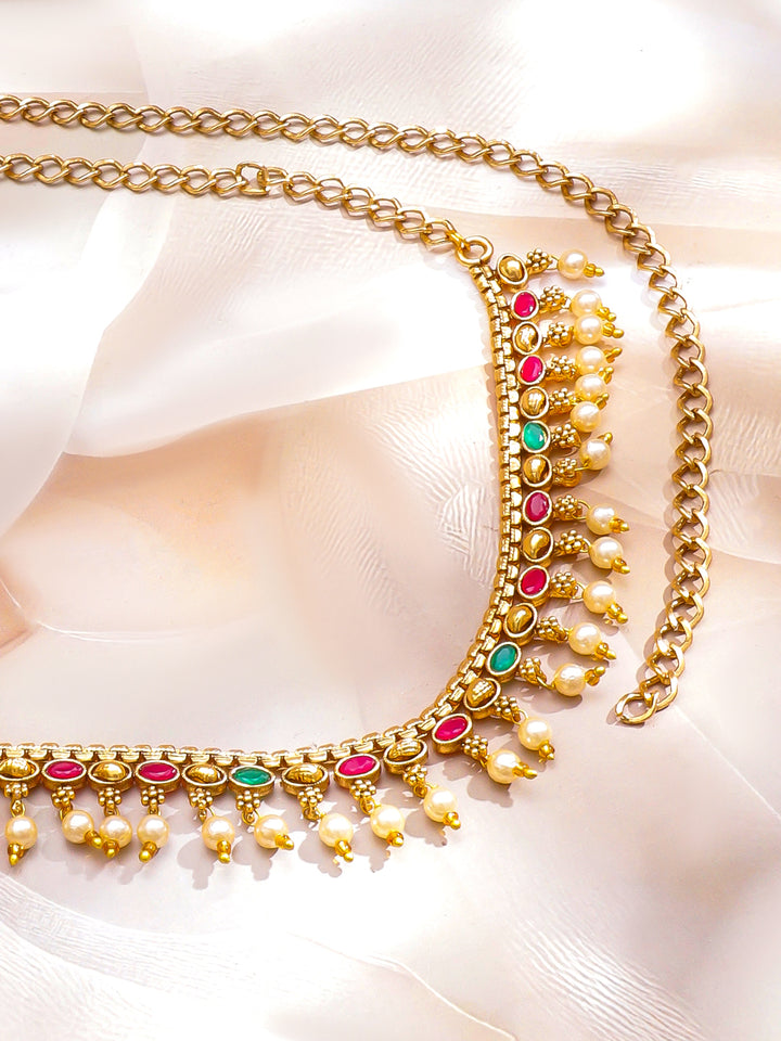 Rubans 22K Gold-Plated Waist Chain Kamarbandh with Ruby Emerald & CZ Stones and Pearls