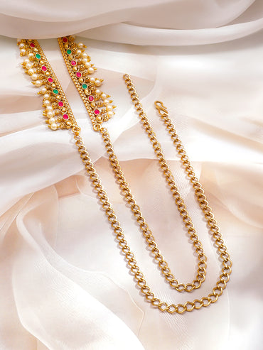 Rubans 22K Gold-Plated Waist Chain Kamarbandh with Ruby Emerald & CZ Stones and Pearls