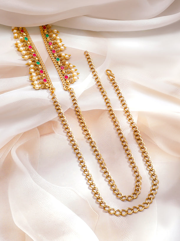Rubans 22K Gold-Plated Waist Chain Kamarbandh with Ruby Emerald & CZ Stones and Pearls