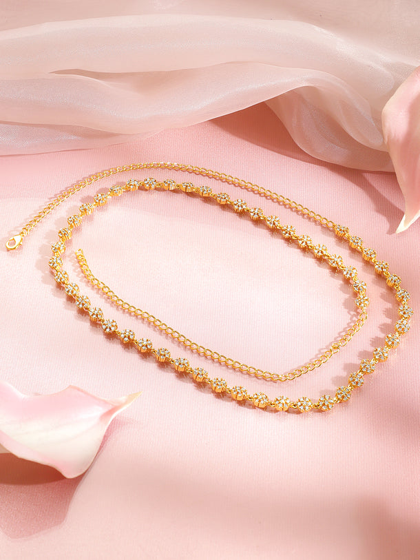 Rubans 18K Gold Plated Brass Cubic Zirconia Mini Floral Waist Belt