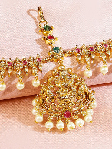 Rubans 22K Gold-Plated Lakshmi Motif Ruby Red & Emerald Green Stone & Pearl Beaded Traditional Bridal Matha Patti