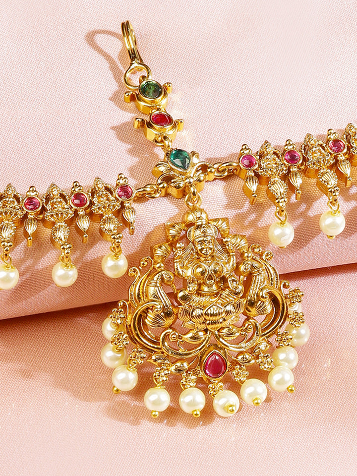 Rubans 22K Gold-Plated Lakshmi Motif Ruby Red & Emerald Green Stone & Pearl Beaded Traditional Bridal Matha Patti
