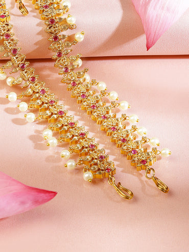 Rubans 22K Gold-Plated Lakshmi Motif Ruby Red & Emerald Green Stone & Pearl Beaded Traditional Bridal Matha Patti