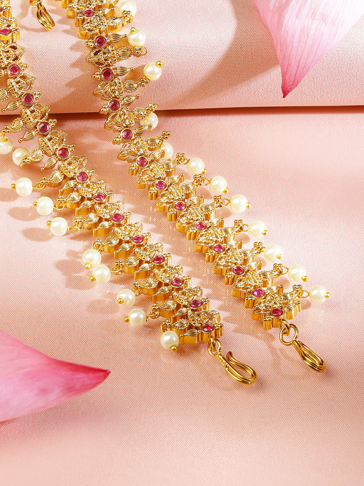 Rubans 22K Gold-Plated Lakshmi Motif Ruby Red & Emerald Green Stone & Pearl Beaded Traditional Bridal Matha Patti